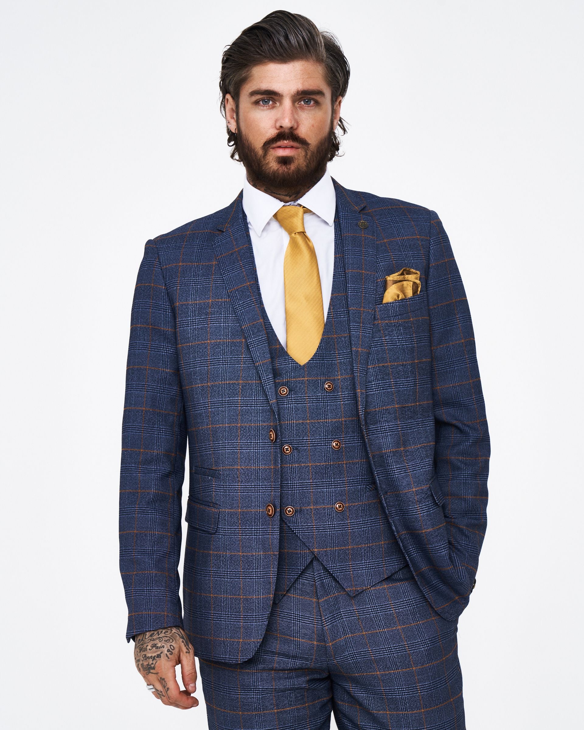 Jenson - Marine Check Suit With Double Breasted Waistcoat