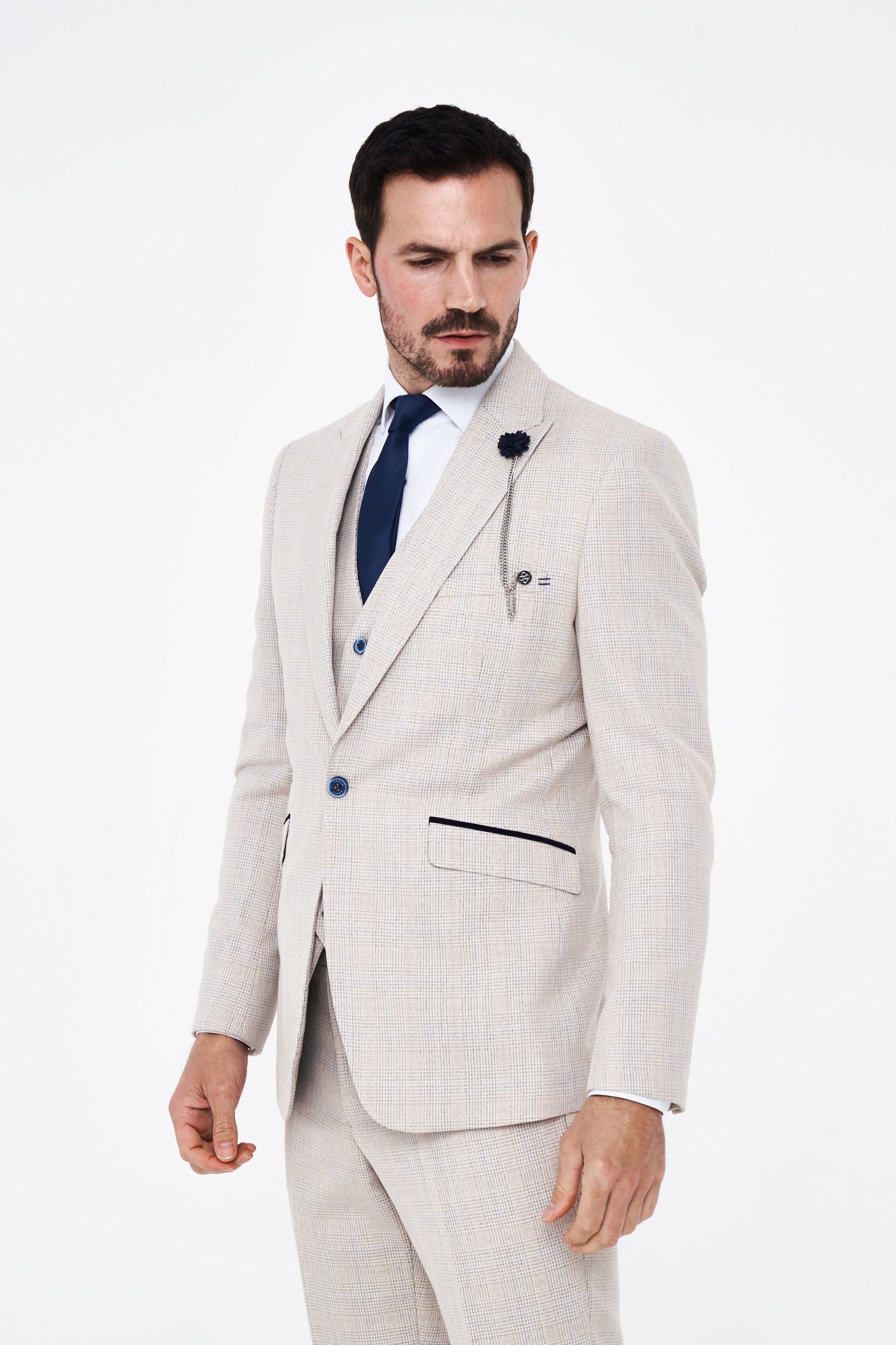House of Cavani Caridi Beige Short Check Three Piece Suit
