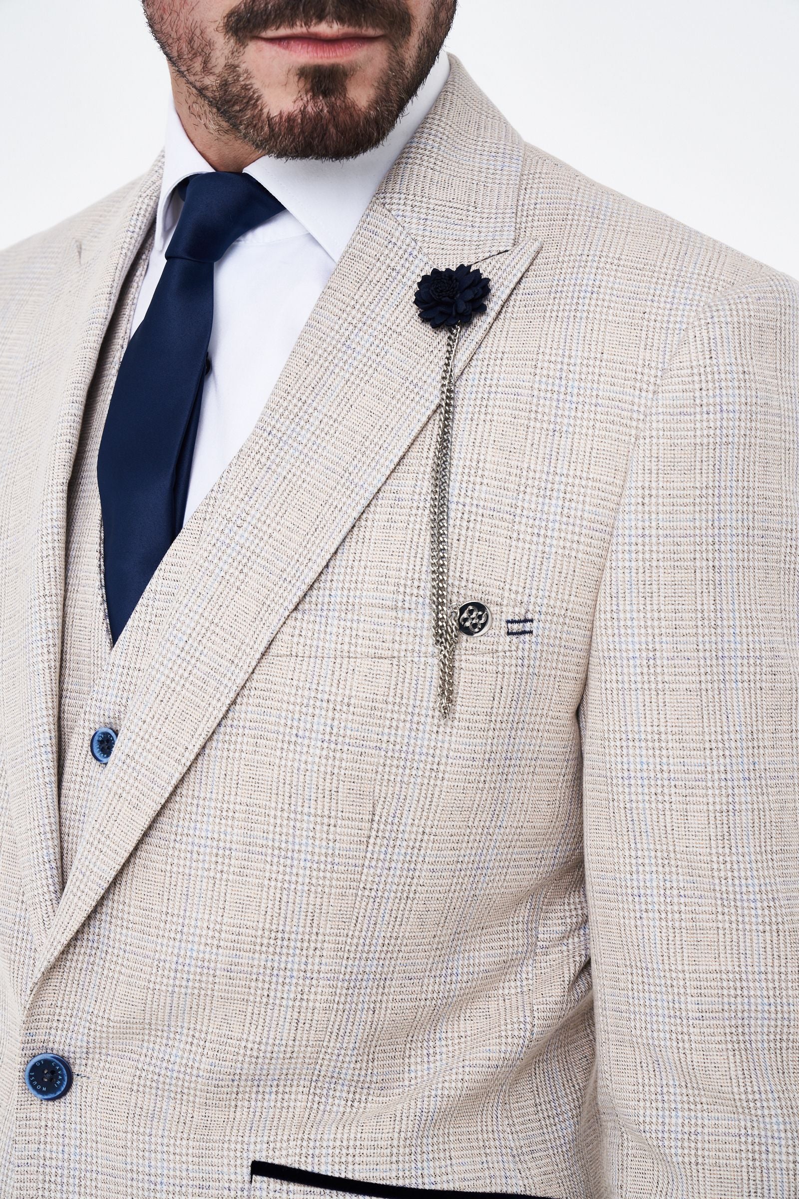 House of Cavani Caridi Beige Short Check Three Piece Suit