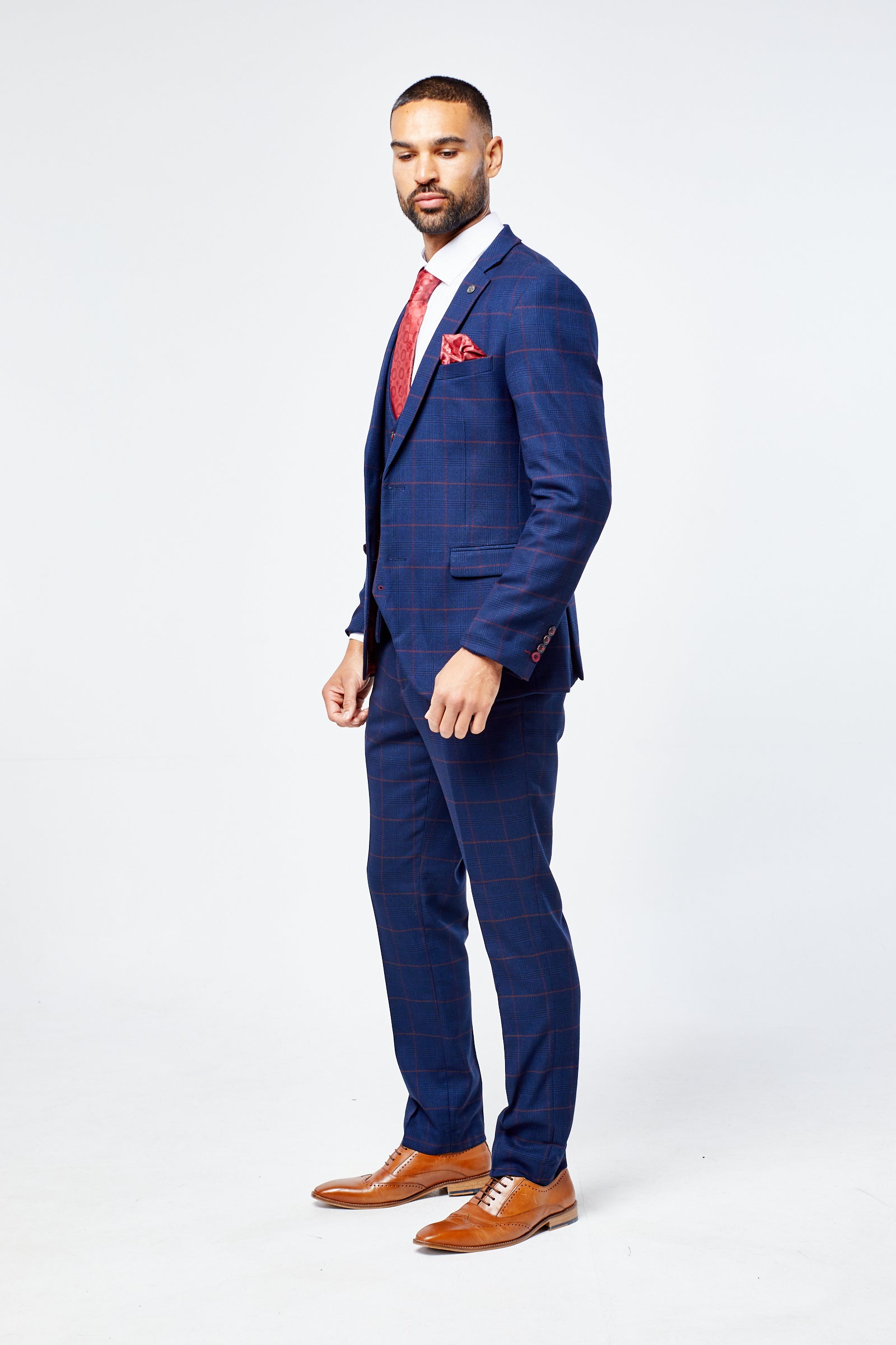 Edison Navy Wine Check Three Piece Suit