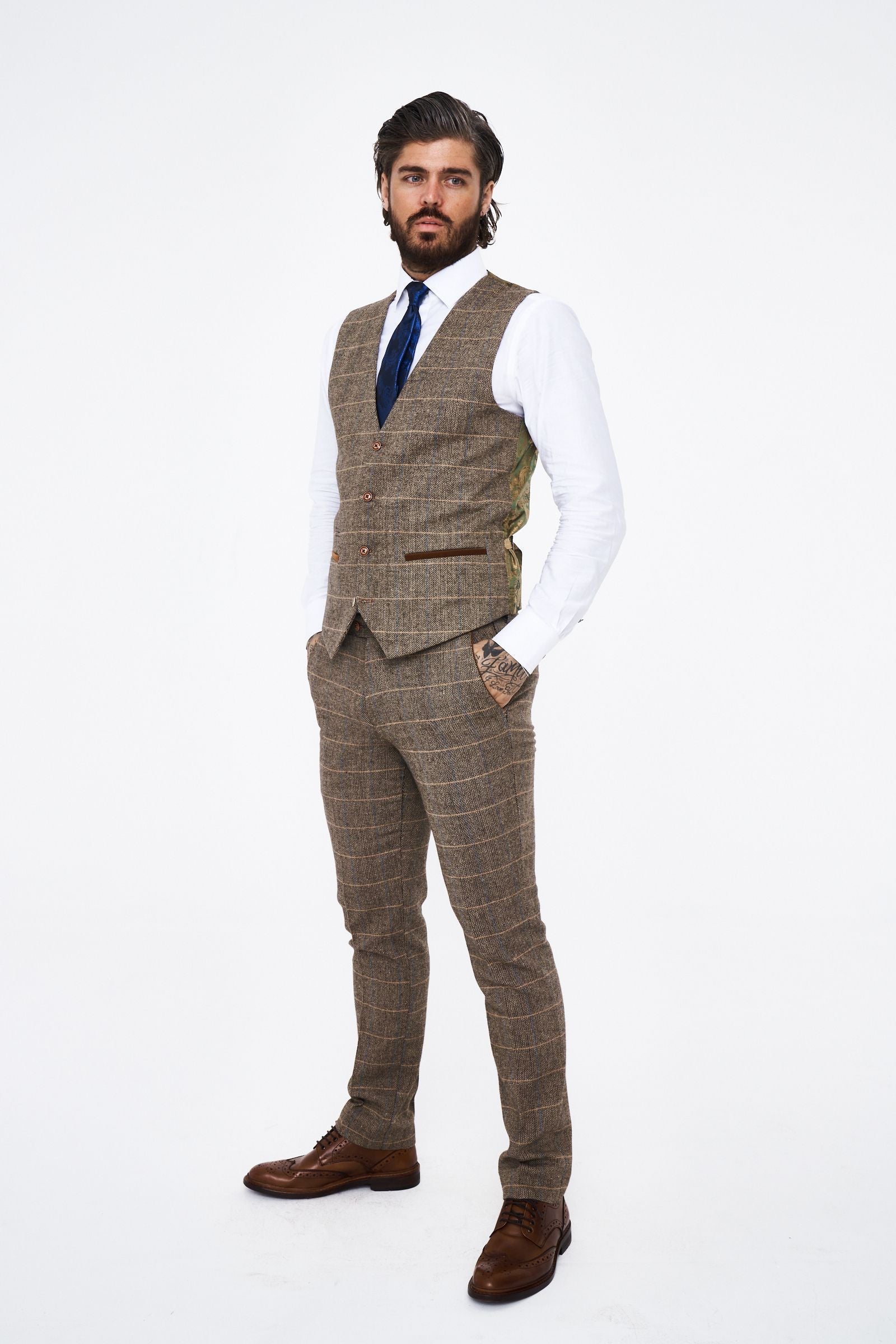 Marc Darcy Ted Tan Tweed Check Three piece Suit