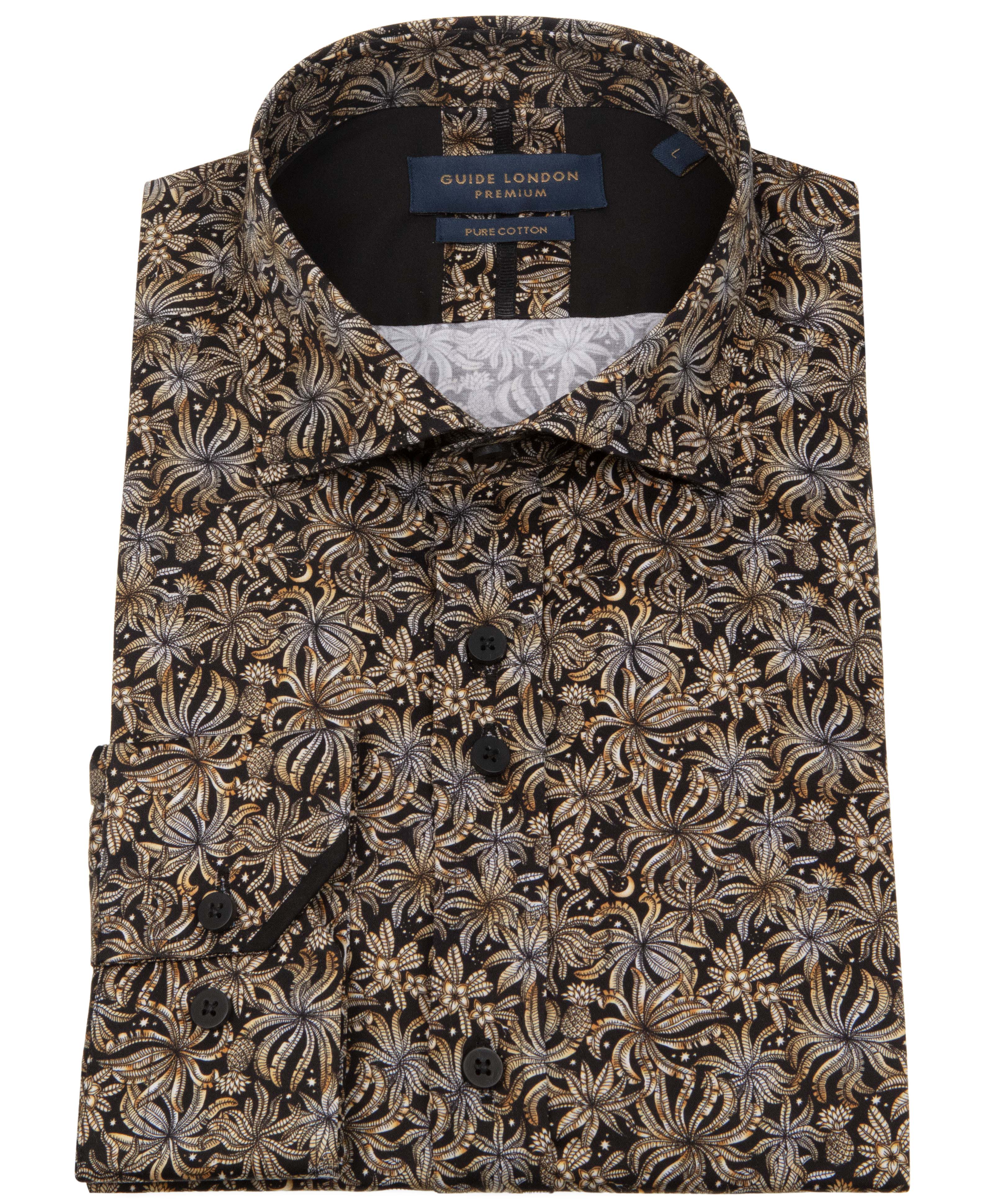 Floral Long Sleeve Cotton Black & Tan Shirt