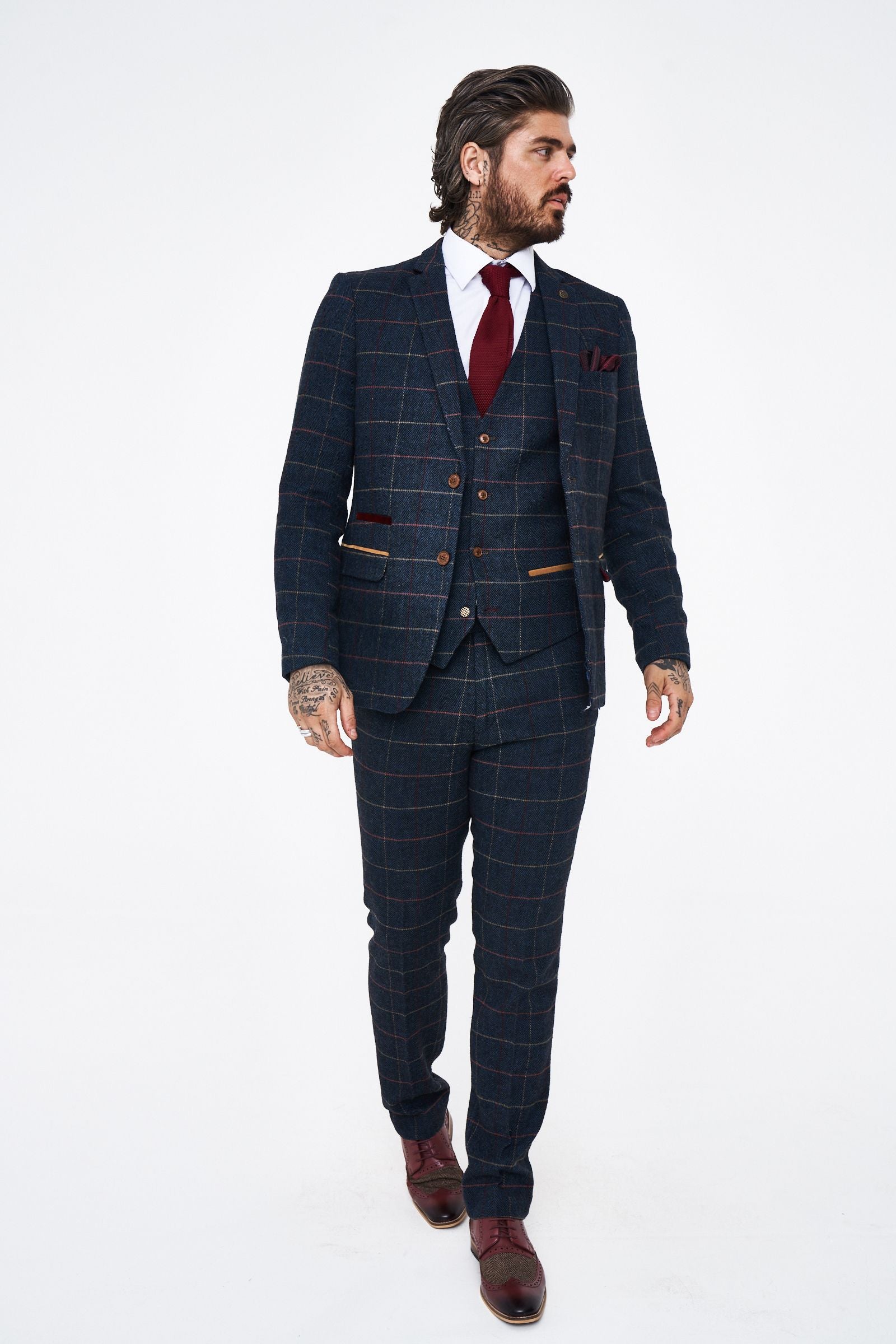 Eton - Navy Blue Tweed Check Three Piece Suit