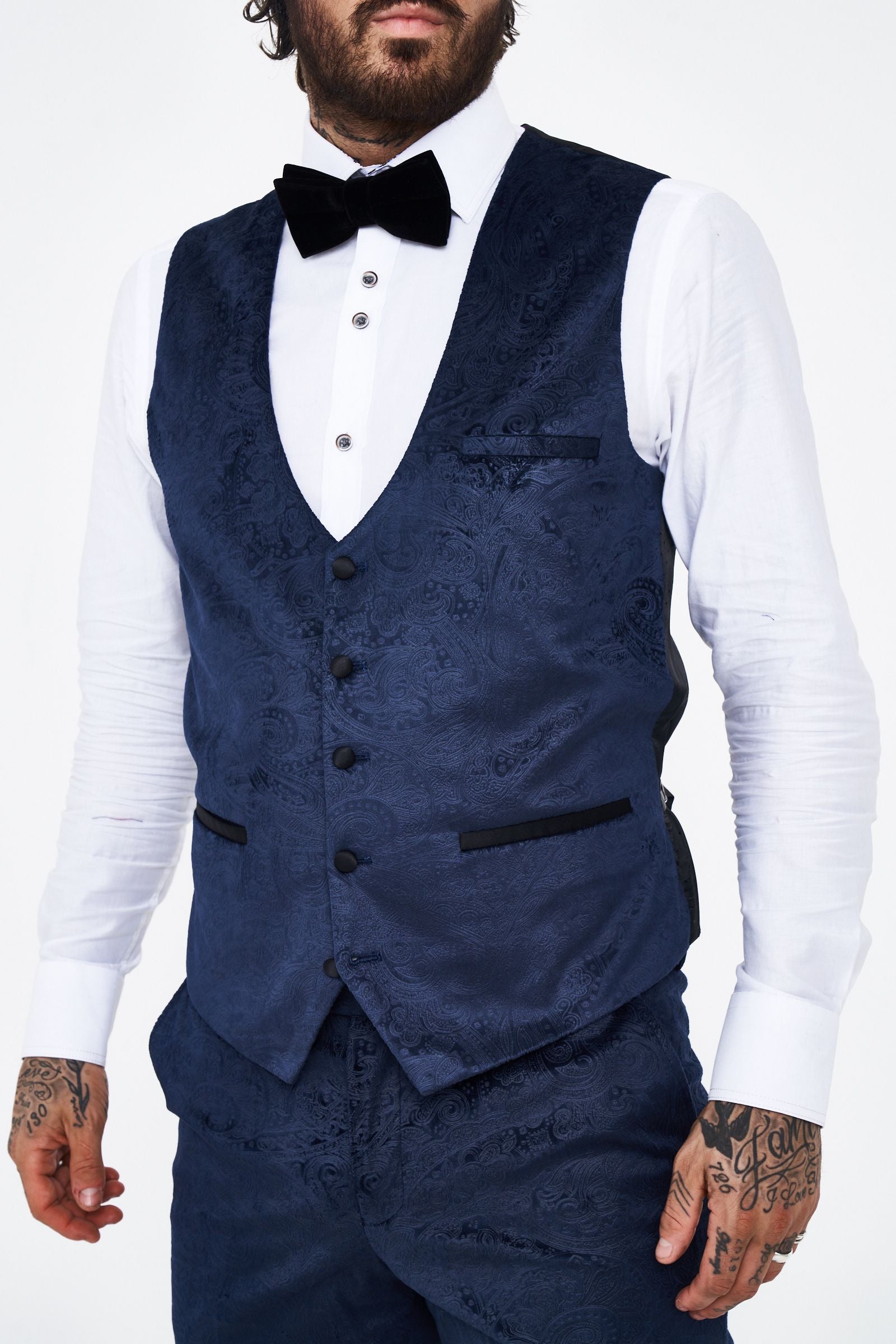 Marc Darcy Simon Navy Velvet Jacquard Waistcoat