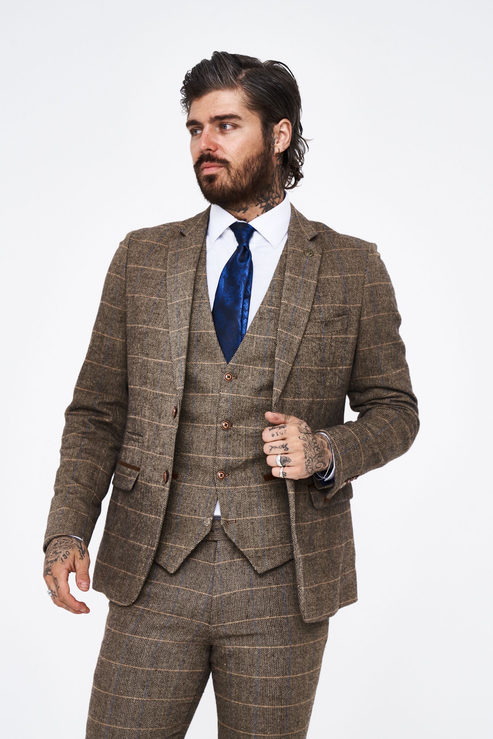 Marc Darcy Ted Tan Tweed Check Three piece Suit