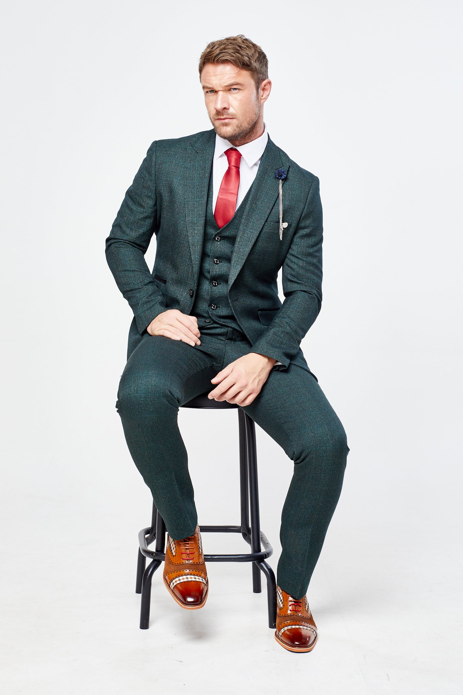 Caridi Olive Check Three Piece Suit