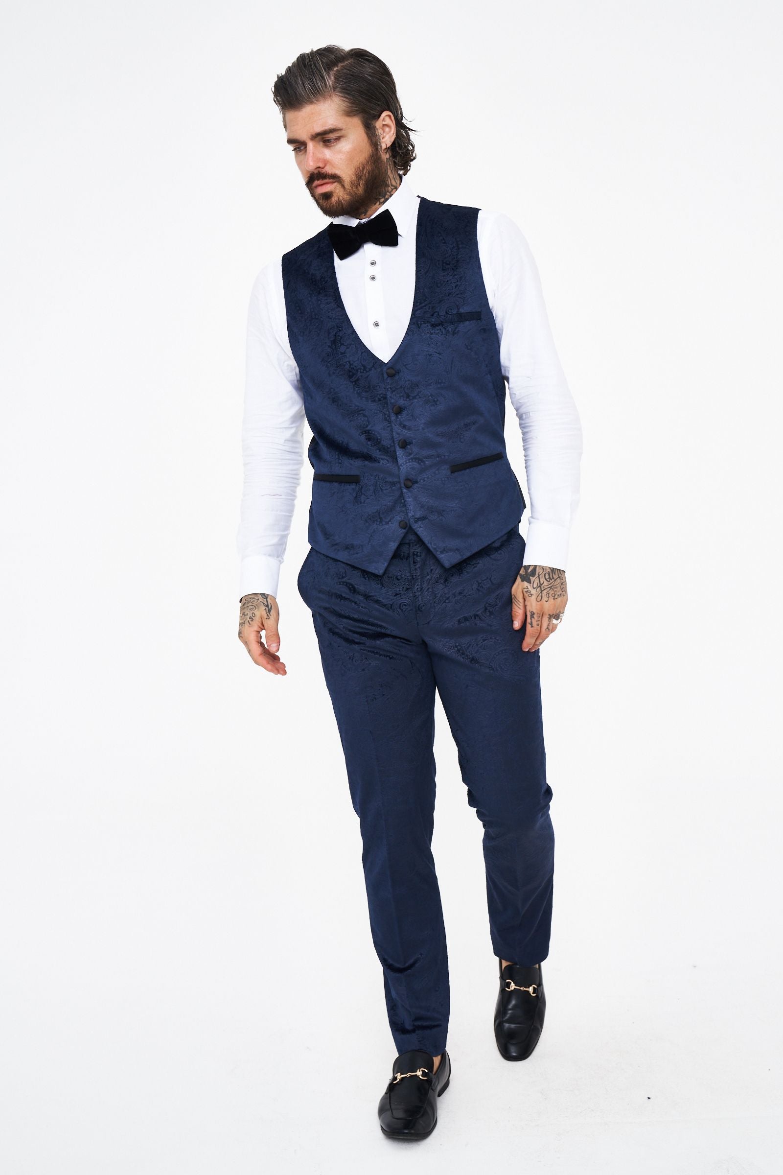 Marc Darcy Simon Navy Velvet Jacquard Waistcoat